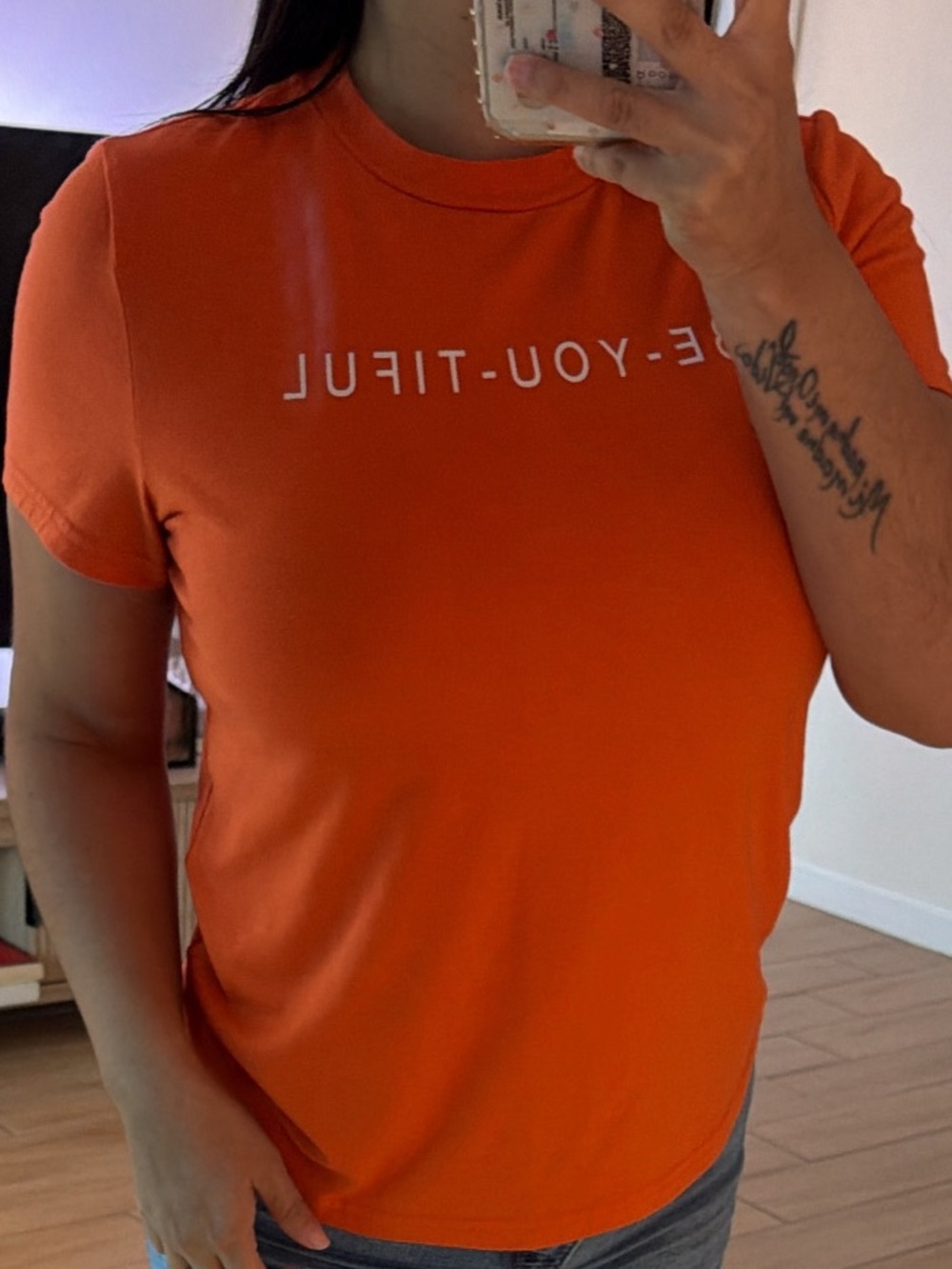 SHEIN Orange Short Sleeve Graphic Crewneck Tee